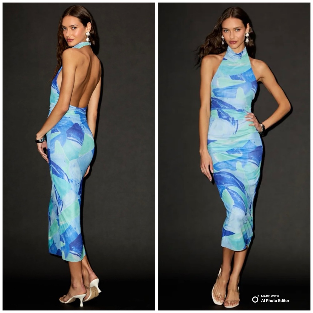 Lulus Medium Idyllic in Ibiza Blue Abstract Print Mock Neck Halter Midi Dress
